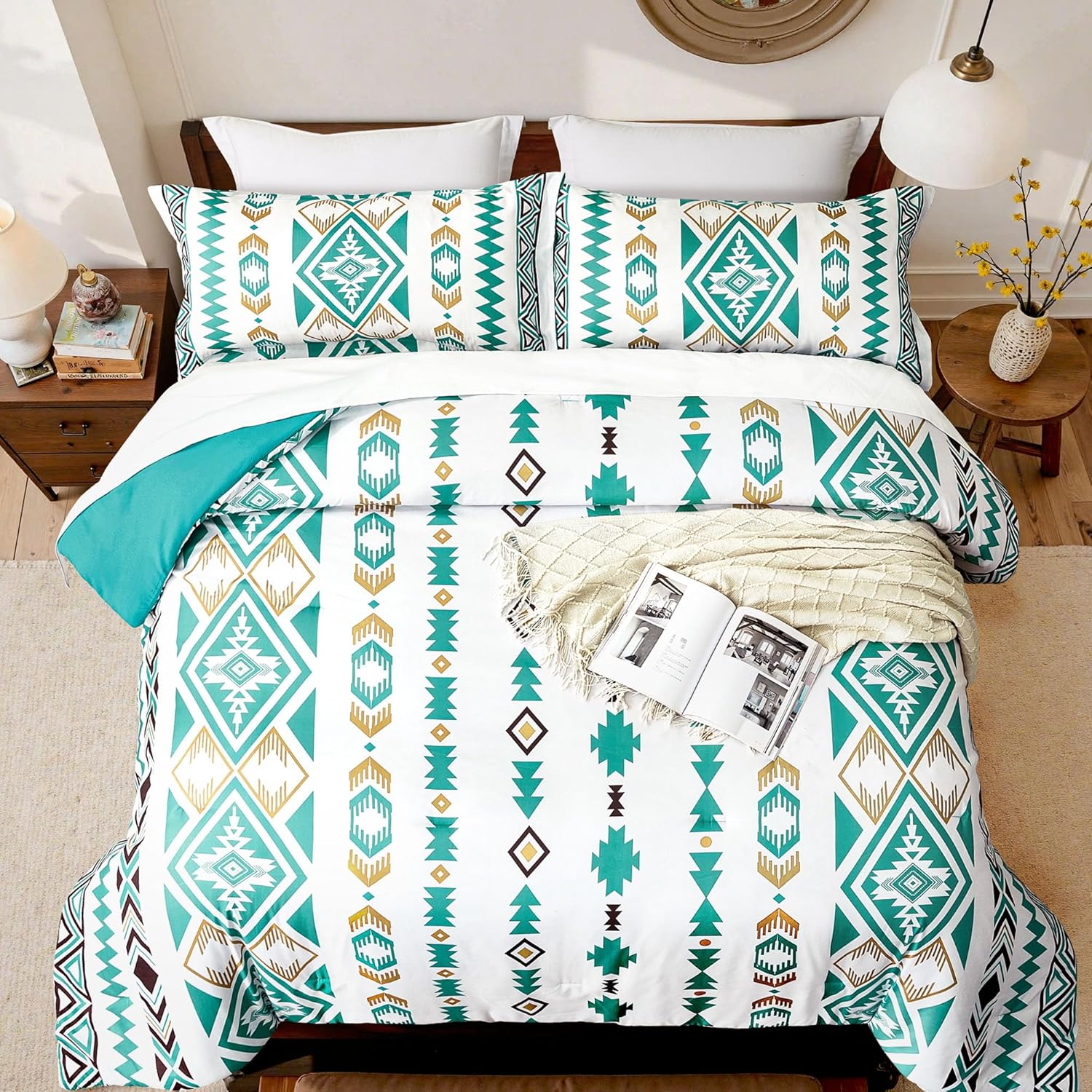 Tyrot King Comforter Set – 3 Piece Turquoise Boho Aztec Bedding, Western Southwestern Style Comforter Sets, Soft Lightweight Comforter for All Seasons, 1 Comforter & 2 Pillow Shams