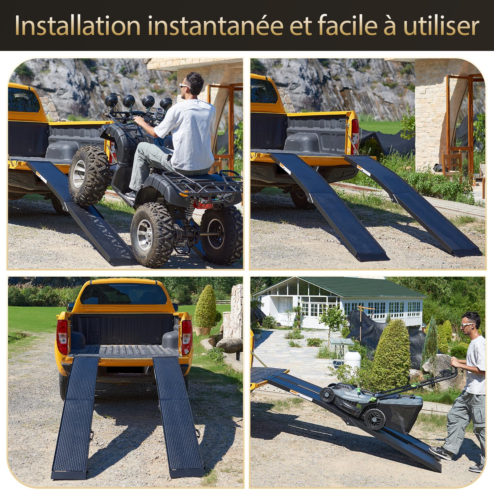 gardhom 2X Rampe Voiture Pliante 680Kg Aluminium Rampe de Chargement 228x28x4.5cm Antidérapante Rampes de manutention Rampe Moto, Tondeuse à Gazon, Vélo et Quad