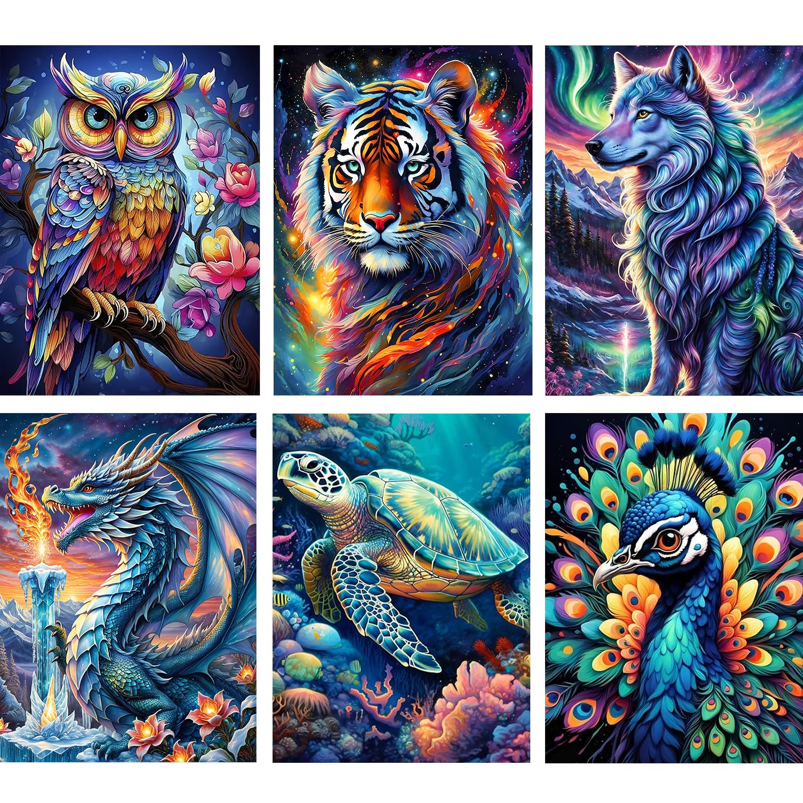 TLIOBLO 6 Packs Animals Diamond Painting Adults, 5D DIY Diamond Painting Fantasy Animals Kits for Adults Beginners, Full Drill Round Diamond Art Pictures Craft Set Gifts 30X40cm