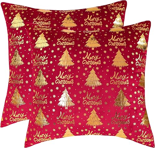 Juego de 2 fundas de almohada de Navidad de 20 x 20 pulgadas, fundas de almohada de terciopelo con árboles rojos de Navidad, decoraciones de fiesta