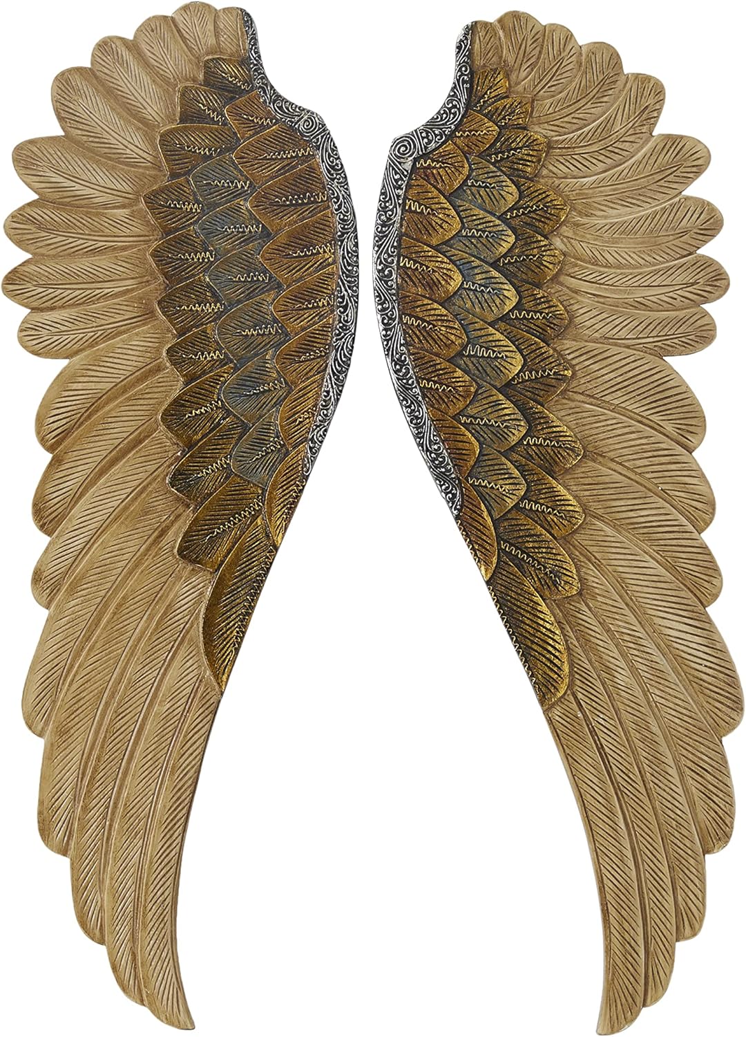 Deco 79 Wooden Bird Home Wall Decor Carved Angel Wings Wall Sculpture with Gold Accents, Set of 2 Wall Art 14 W, 39 H, Gold