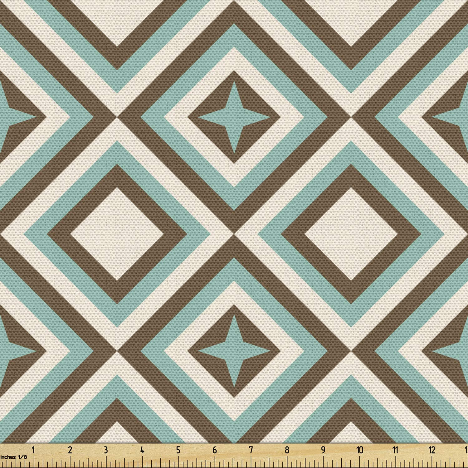 Lunarable Geometric Fabric by The Yard, Retro Design Concentric Diamond Shapes with 4 Point Star, Decorative Fabric for Upholstery and Home Accents, 3 Yards, Blue Brown