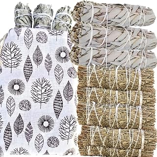 SAGE Smudge Sticks 10 Total: 5 White & 5 Blue Sage Bundles Bulk Refill & Shaman Smudge Kit Storage Bag! Smudging Sticks, Organic Freshly Dried! (10, White & Blue Sage 10 Pack, XL Shaman Bag Set)