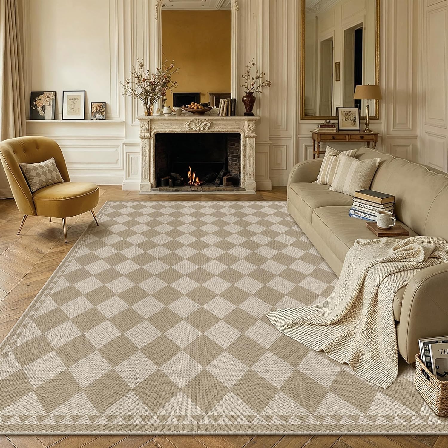 HUGEAR 8x10 Outdoor Rug Brown/Beige Linen-Look Fabric Checkered Area Rug High Traffic Stain Resistant Easy Clean Durable Rugs for Indoor/Outdoor Patio Deck Balcony Porch Garden Courtyard