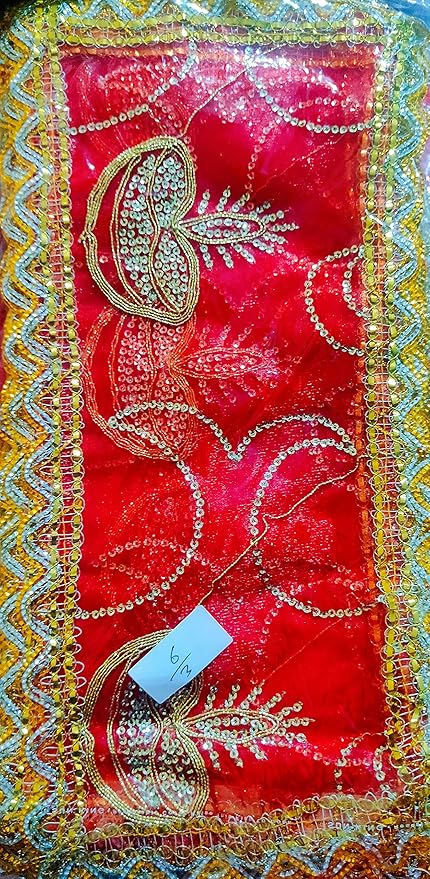 Brij Sugandha Radha Rani Set of 3 NET CHUNRI - Devi MATA Heavy Embroidery 3 CHUNARI- 4 INCH x 12 INCH Devi MAA Idol Figure - Laxmi Statue NAVRATRA Special Embroidery CHUNARI