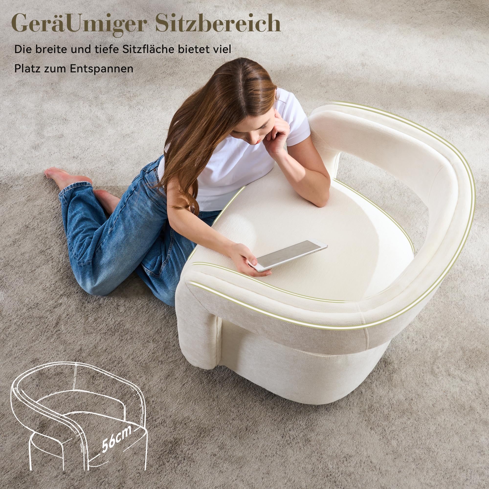 DEKKETO 360° Drehbarer Polstersessel, Chenille Lounge Sessel mit Großer Sitzfläche und Geschwungener Rückenlehne, Moderner Drehsessel für Wohnzimmer, Schlafzimmer, Weiß