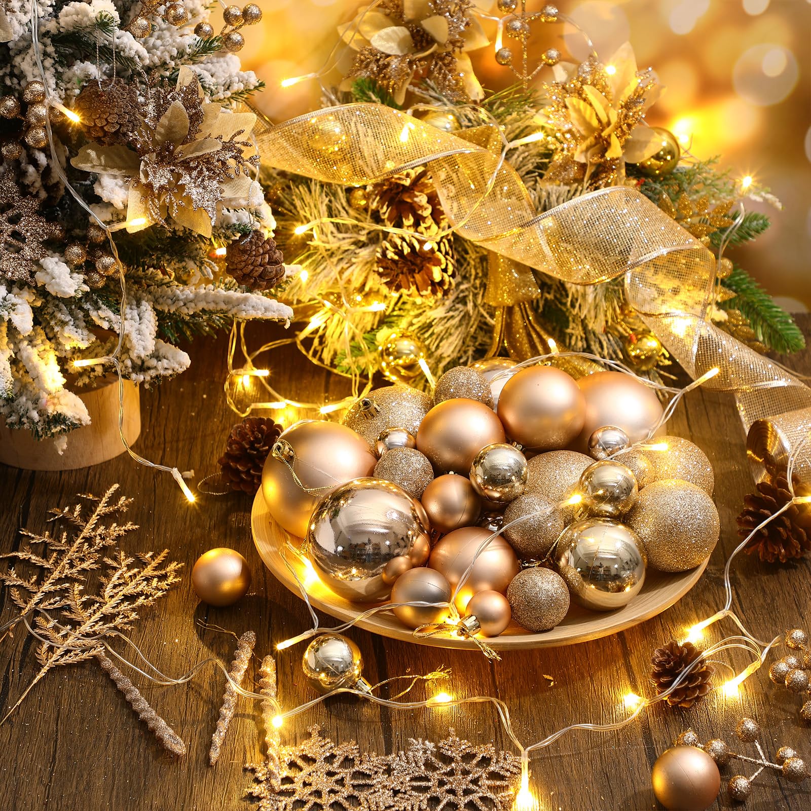 Canlierr Lot de 145 décorations de sapin de Noël avec guirlande lumineuse assorties incassables – Décorations à paillettes, poinsettia, flocons de neige, baies, tiges – Décoration pour sapin de Noël