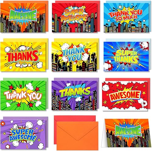 40 tarjetas de agradecimiento de héroe surtido con sobres, tarjetas plegadas de agradecimiento coloridas para niños, aulas, escuela, héroe, fiesta,