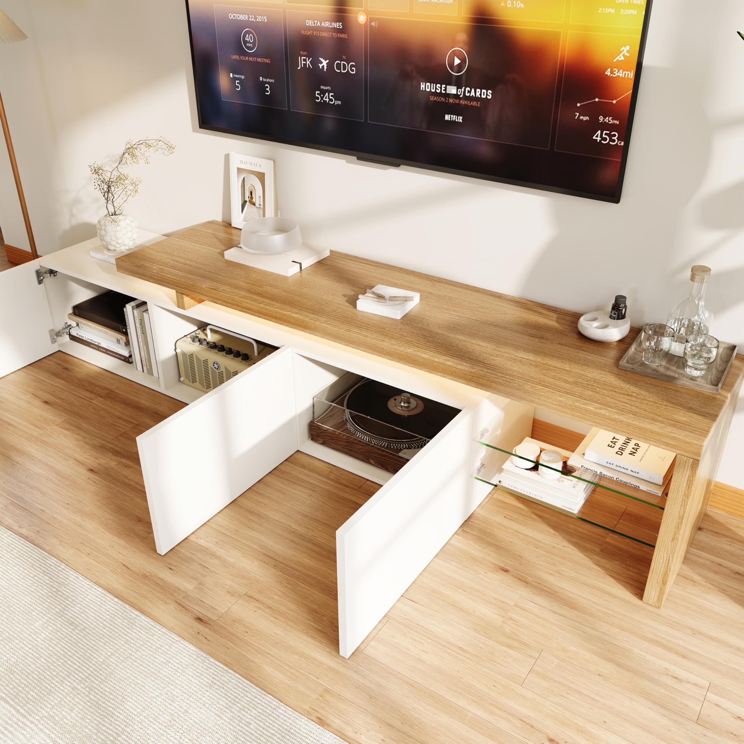 Mueble TV LED 200 Cm, Muebles TV con Estante De Cristal, Mueble TV para Salón, Banco TV Moderno De Madera con 3 Armarios, Armario Bajo para Salón, Blanco