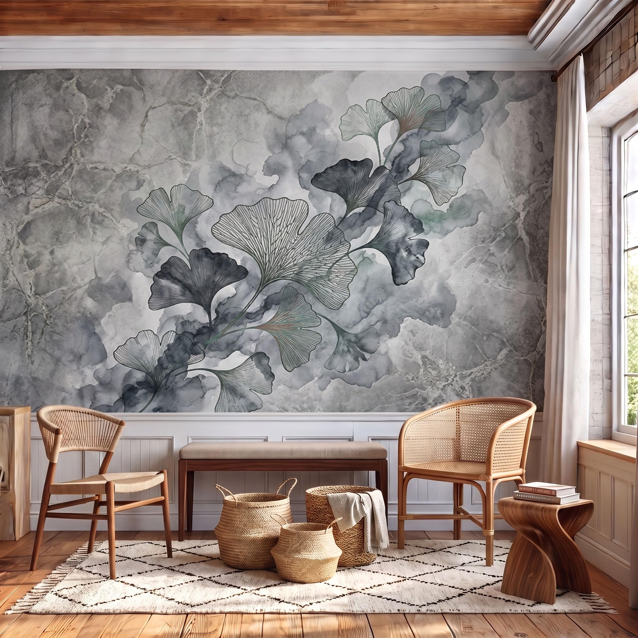 Fotomurali Carta Da Parati Marmo Foglia Di Ginkgo 200x140cm | Carta Da Parati 3D Seta Pittura A Inchiostro In Stile Retrò Studio Sala Pranzo Divano Camera per Mobili Letto Soggiorno TV Muro