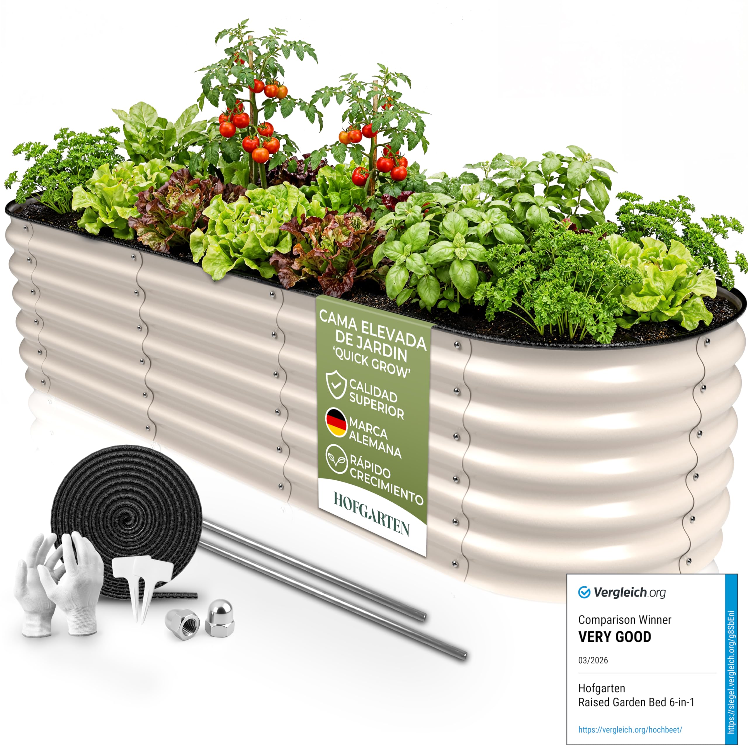 HOFGARTEN 200x60x42 cm Huerto Elevado Modular 6 en 1 de jardín, bancal Elevado de Metal con Base Abierta para Colocar sobre la Tierra, protección anticorrosión y Alta Estabilidad (Beige)