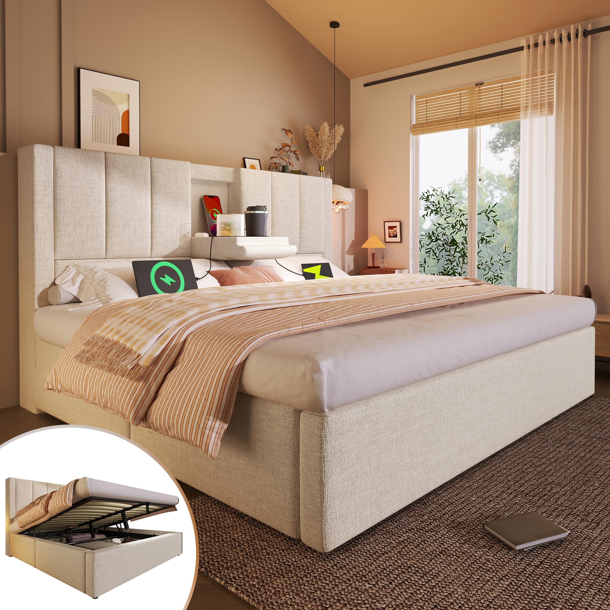 Cama de Matrimonio con Lino, Almacenamiento y Carga, Beige, 180x200 cm