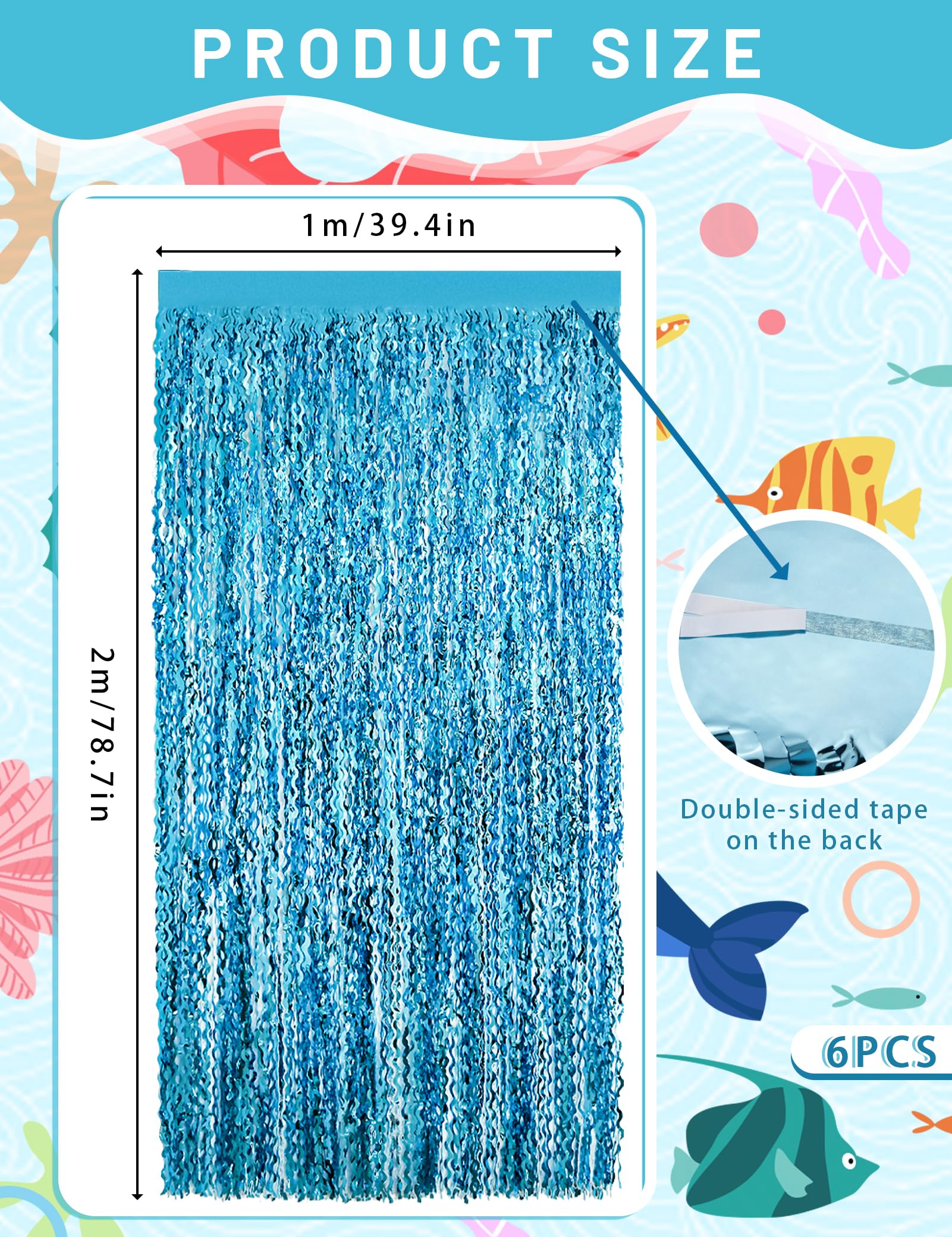Lot de 6 rideaux à franges ondulées en feuille d'aluminium, bleu brillant et métallisé, pour anniversaire de sirène, fête sous la mer, décorations d'anniversaire sirène, 1 x 2 m