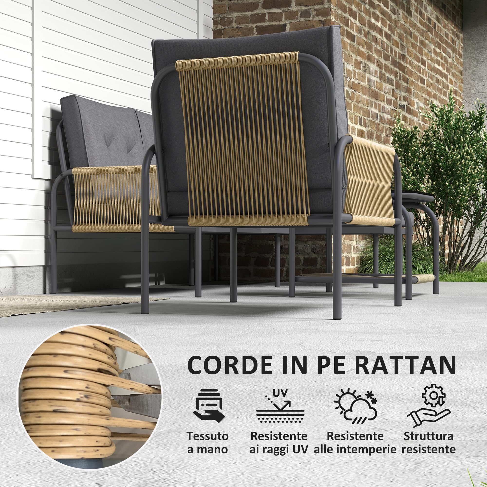 Outsunny Set di Mobili da Giardino in Rattan 4 Pezzi, Salotto da Esterno con Divanetto 2 Posti, Poltrona, Chaise Longue con Cuscini Lavabili e Tavolino in Vetro, Set Giardino Esterno, Grigio Scuro