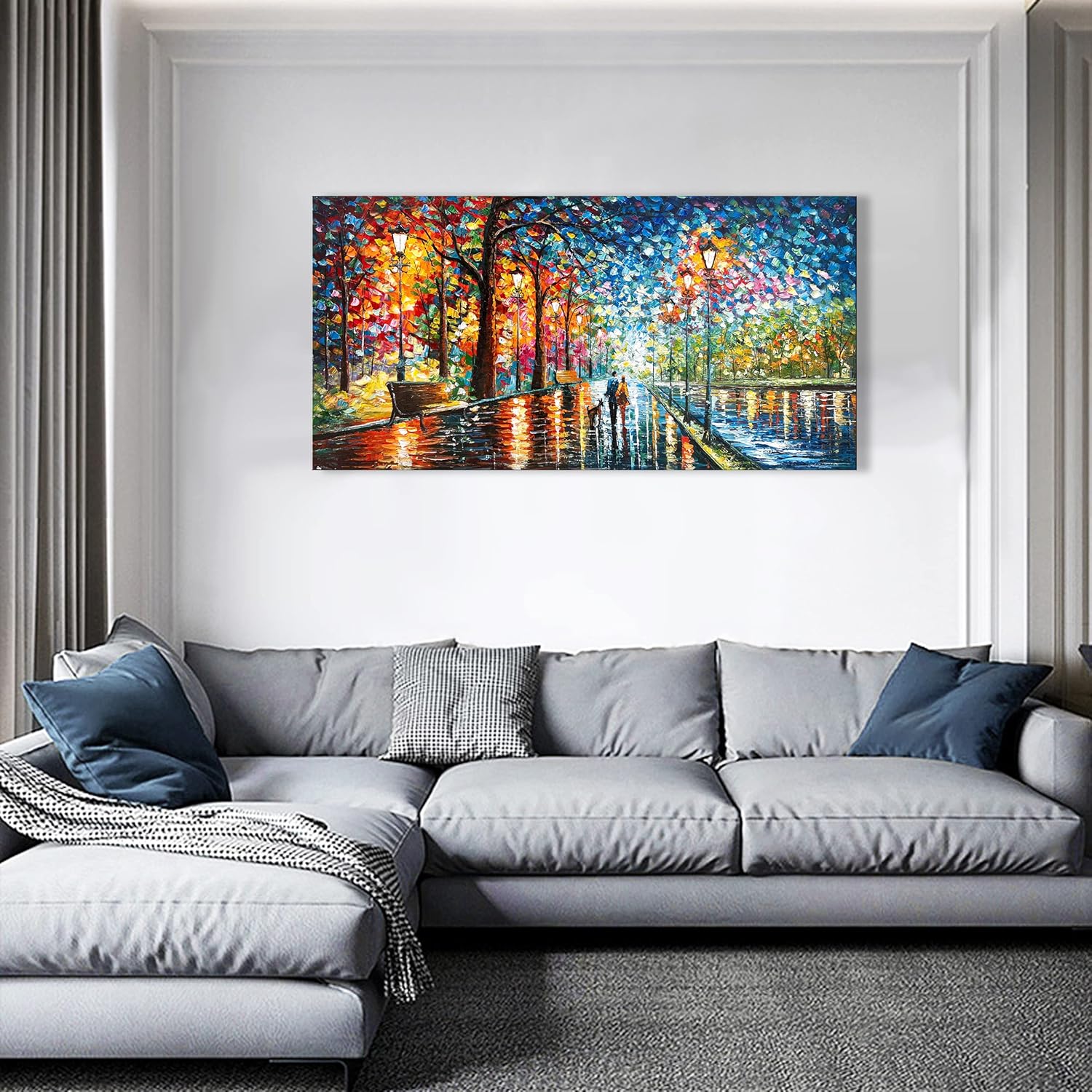 Hand Painted Oil on Canvas Romantic Night Scene Modern Landscape Art Oil Painting, 24x48 Inch Iiving Room Canvas Wall Art Painting Ready to Hang