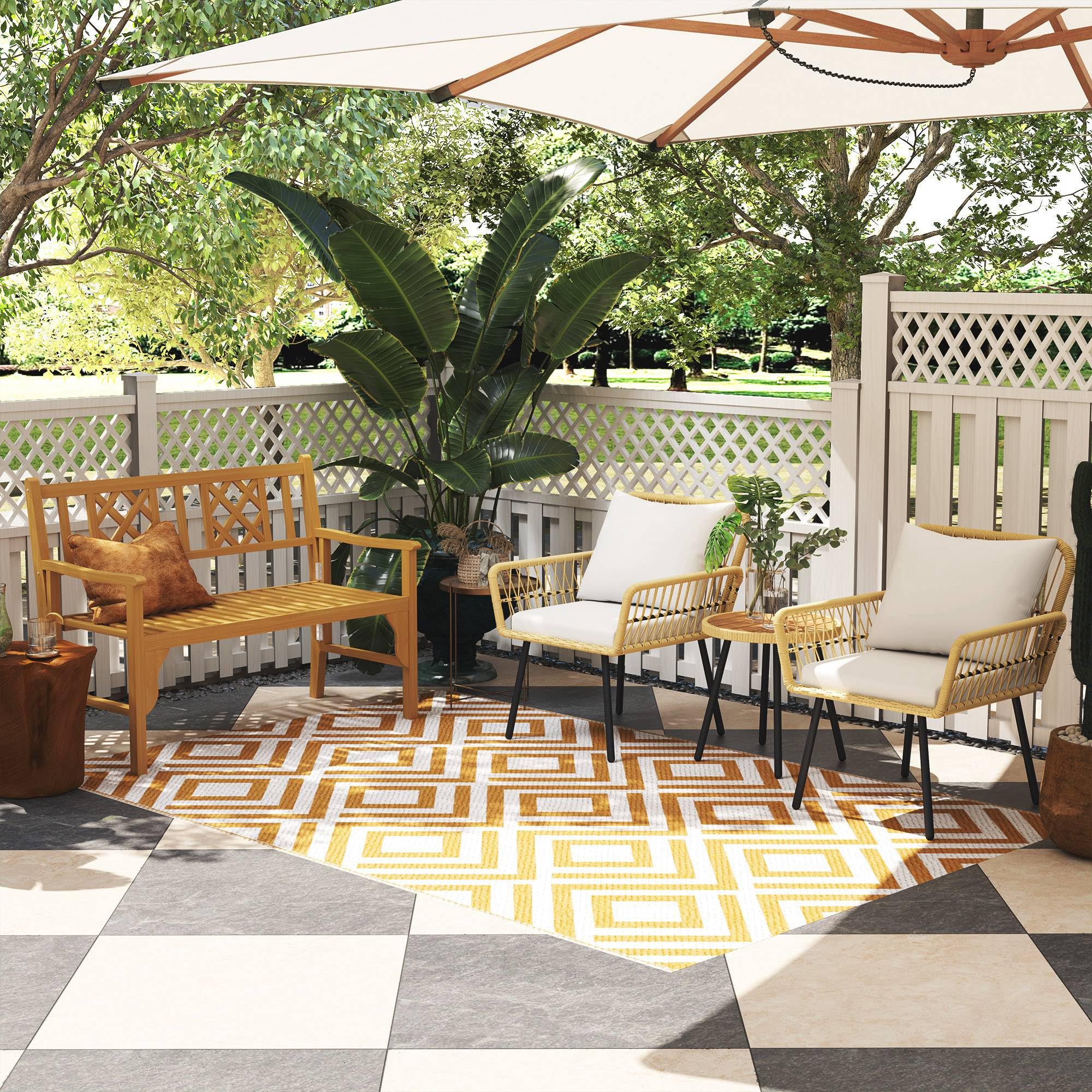 Outsunny Conjunto de Muebles de Jardín Juego de 3 Piezas Sillas y Mesa de Ratán con 2 Sillas 1 Mesa de Centro Redonda y Cojines para Terraza Césped Balcón Natural