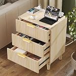 Lulive Wood 3 Drawers Dresser Fluted Night Stand with Charging Station, Storage Nightstand Modern Side Table, Bedside Table for Bedroom, Entryway Natural