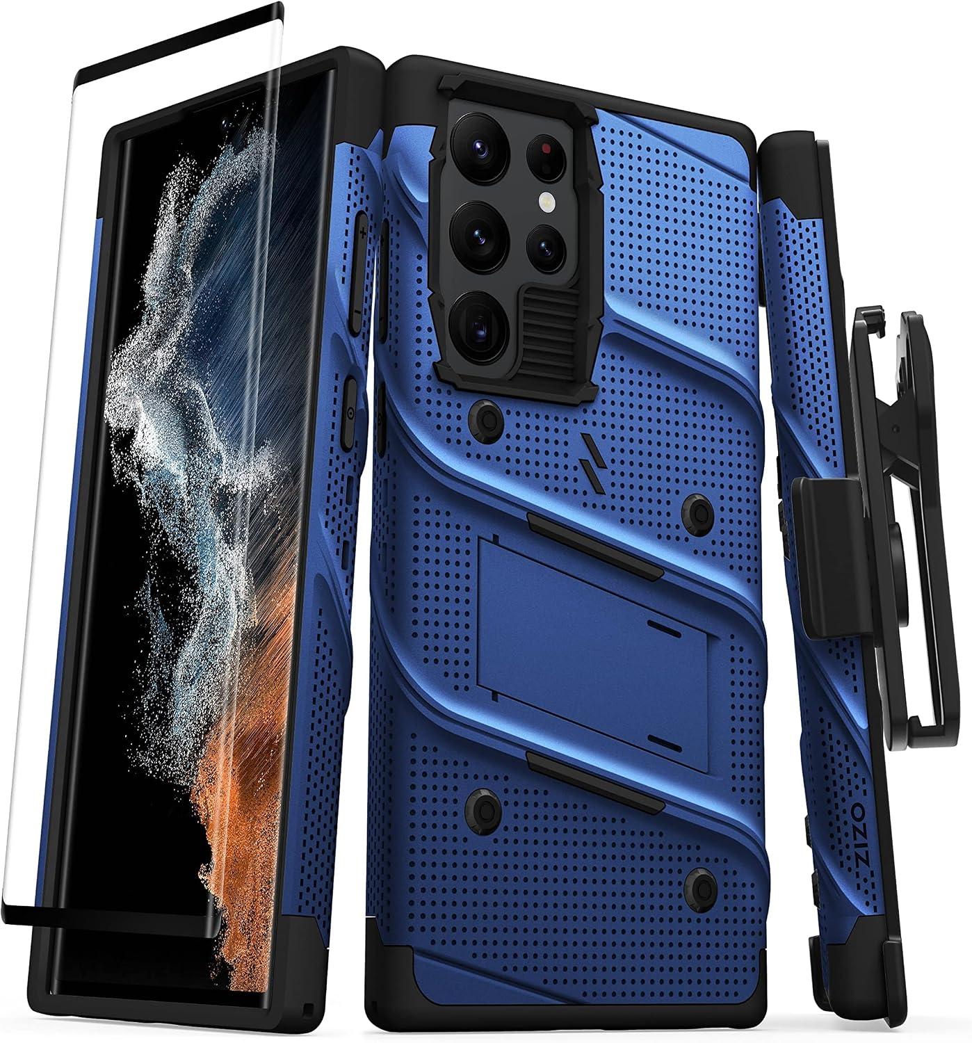 ZIZO Bolt Bundle for Galaxy S22 Ultra Case with Screen Protector Kickstand Holster Lanyard - Blue