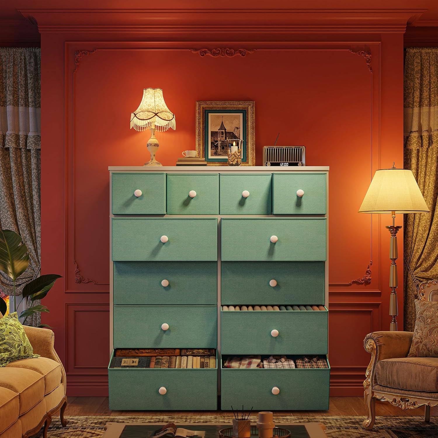 Dresser for Bedroom Tall Dresser with 12 Drawers Fabric Dressers & Chests of Drawers, Bedroom Dresser with Metal Frame, Wood Top, Entryway Living Room, Turquoise 11.81"D x 38.97"W x 40.15"H