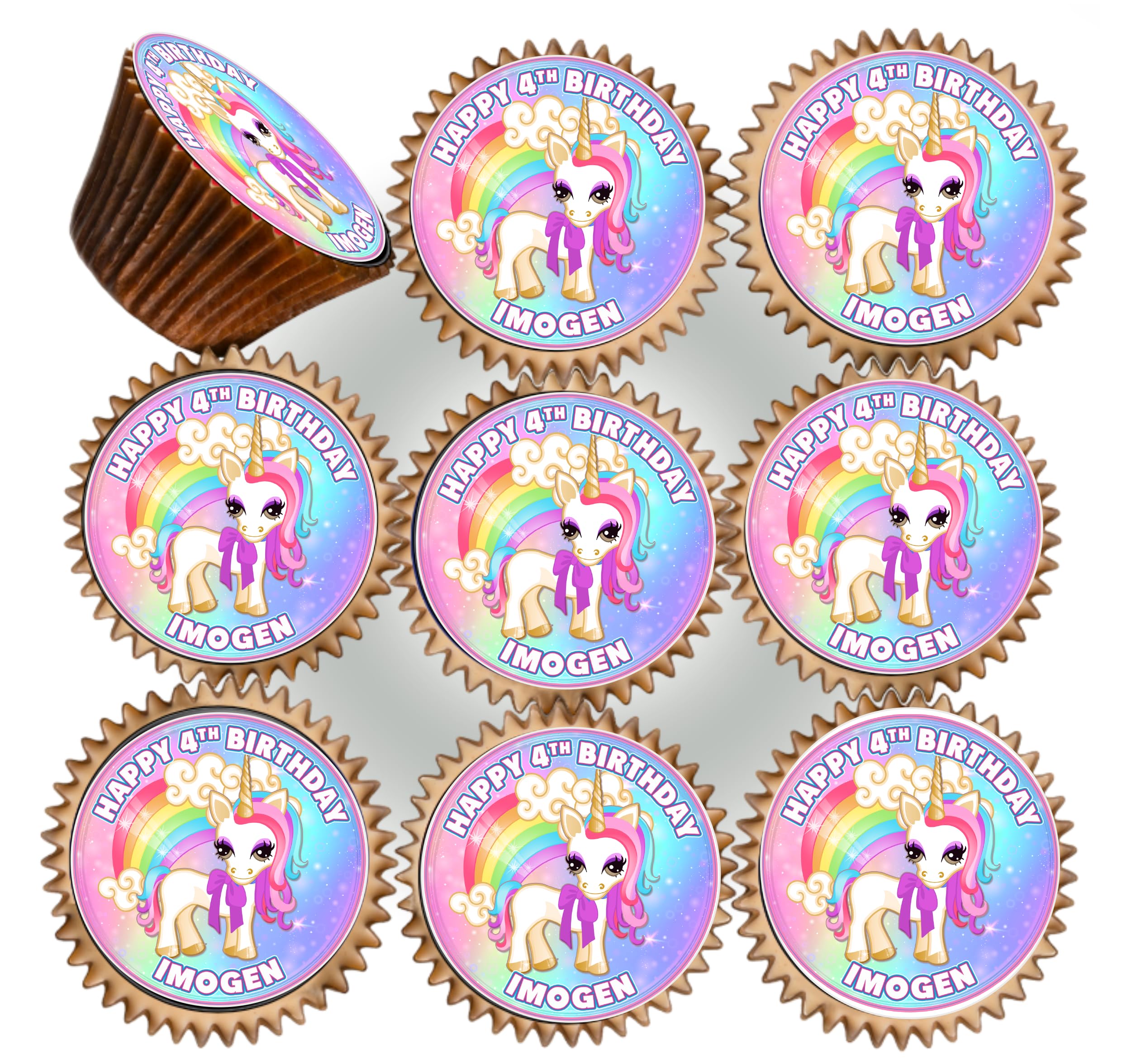 30 x RAINBOW UNICORN BIRTHDAY PERSONALISED EDIBLE ICING 3.8 cms CUPCAKE TOPPERS DECORATIONS PK-249