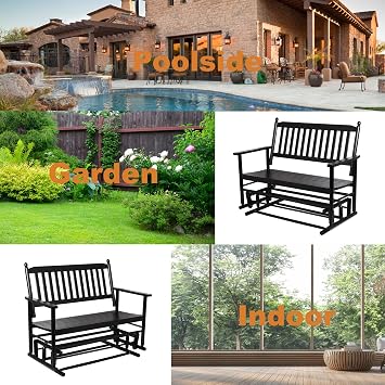 Patio Glider Bench Outdoor, Porch Swing Glider for Outside, Wooden 2-Person Loveseat Rocking Bench Funiture, Black Gliders