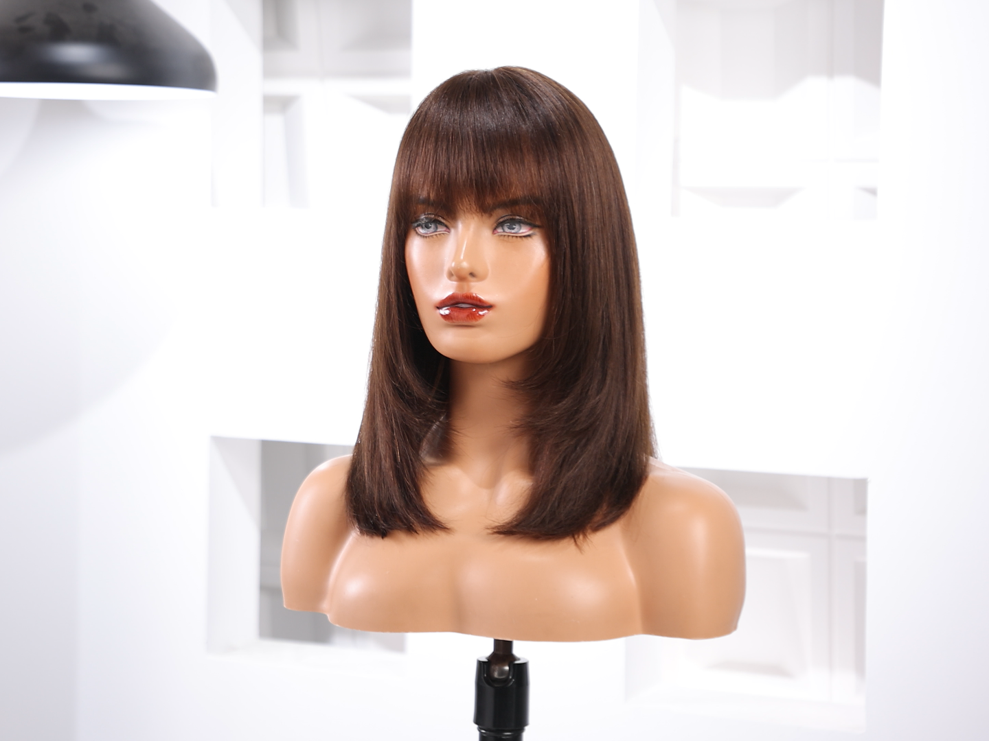 14 Inch Straight Layered Human Hair Wig with Bangs Lightweight Ginger Layered Bob Wig with Bangs, 14 Inch Short Dark Orange  main image 4