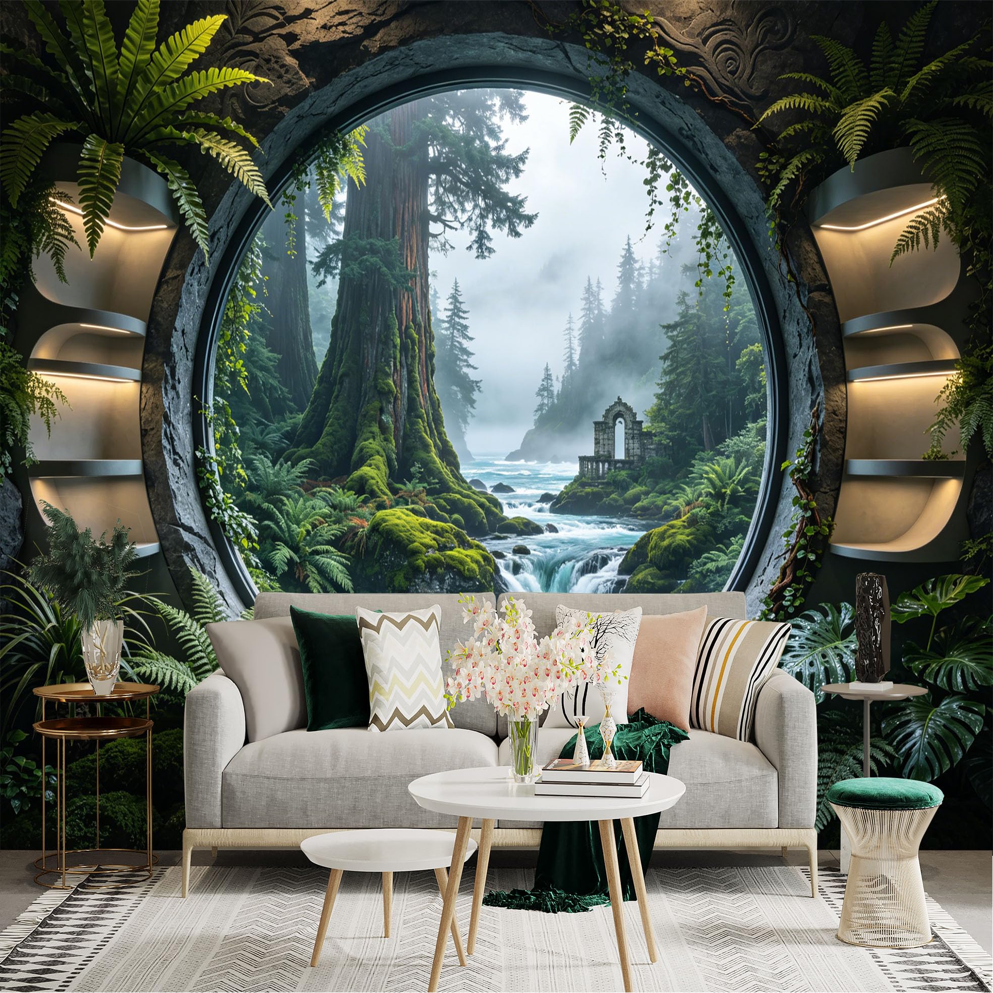 Lnzczhyre Dbh260521042 Custom Size Wall Sticker Mural， Enchanted Forest View， Misty River Landscape， Ancient Stone Ruins， Lush Ferns And Mossy Rocks， For Wall Decoration， Peelandstick Wall Decals.
