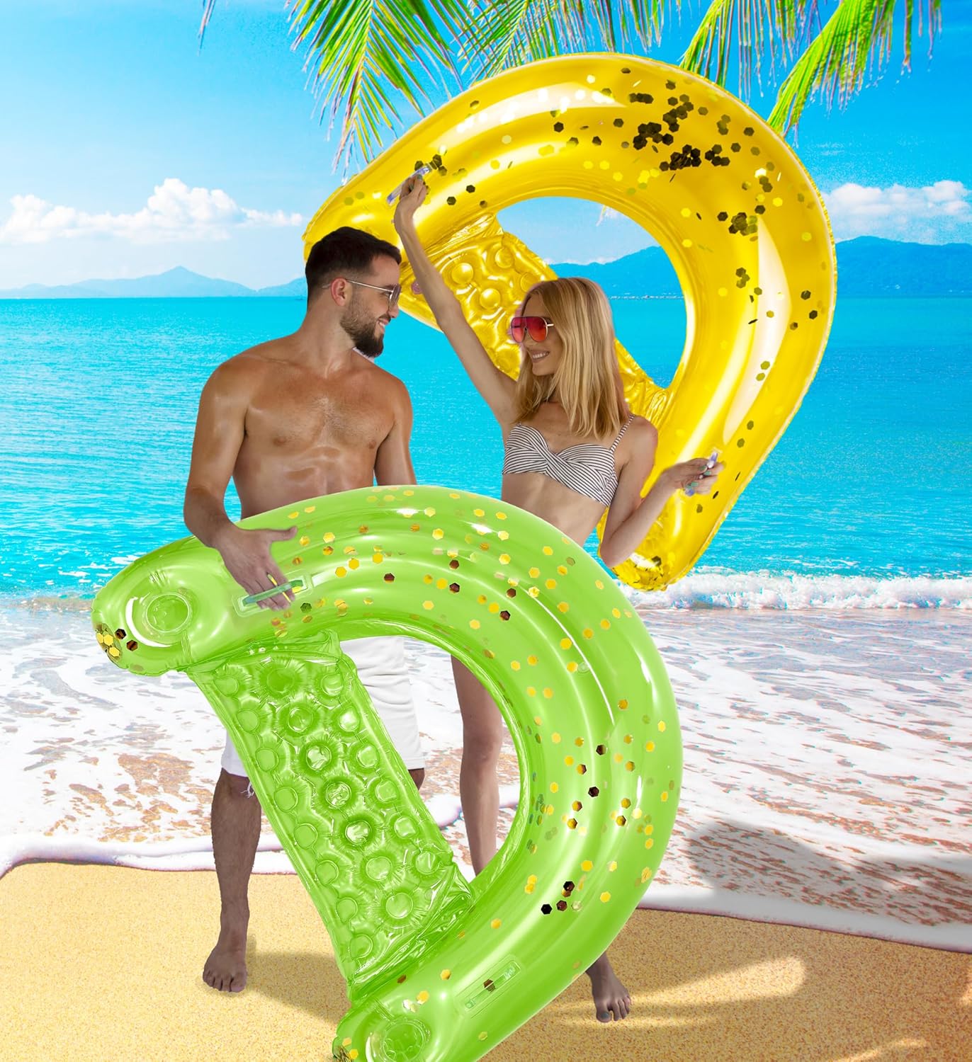 POZA Inflatable Pool Float Chair - Luxurious Lounger Filled with Sparkle Confetti, 2 Built in Cup Holders & Handles, Water Floating Chair for Beach, Lake & Swimming Pool - 48 x 38 Inch