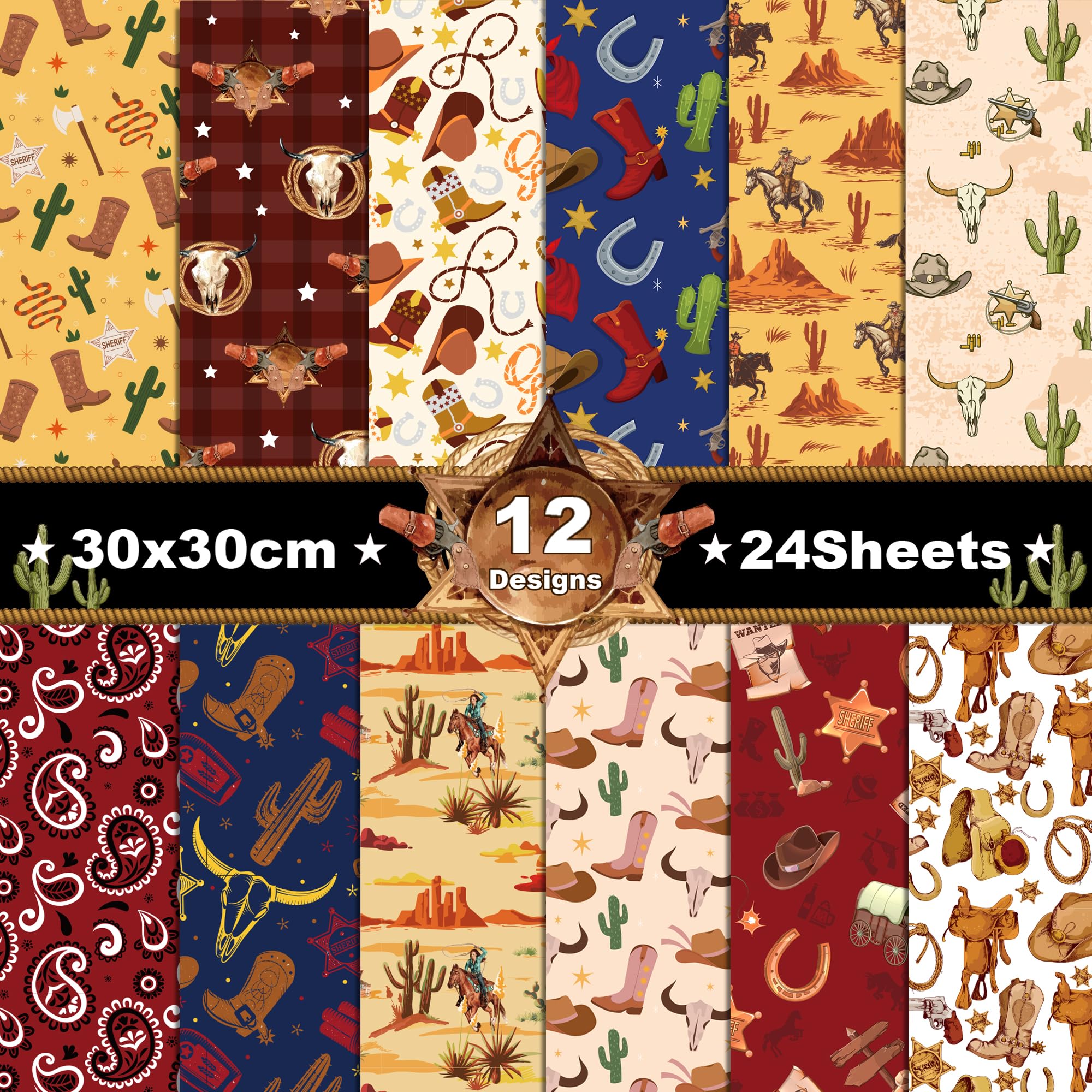 24 Sheets Western Cowboy Scrapbook Paper Pad Double-Sided Wild West Desert Cactus Rodeo Boots Patterned Decorative Craft Paper for Card Making Photo