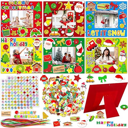 Qyeahkj Kit de 506 marcos de fotos de espuma de Navidad para niños, 18 juegos de marcos de fotos de fieltro de casa de jengibre con caballete para