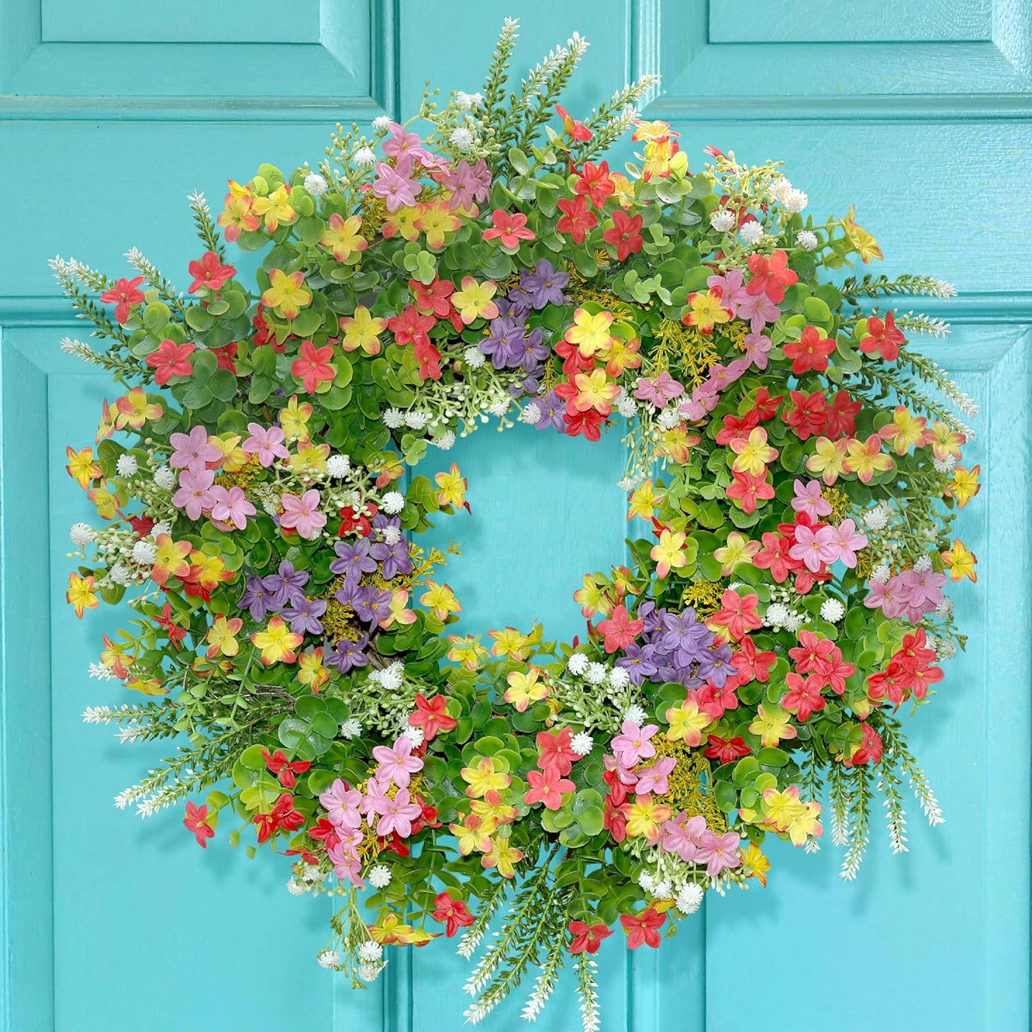 20 Inch Spring Summer Boxwood Wreath for Front Door Outside, Faux Floral Wreath with Mixed Colorful Flowers, Weatherproof Outdoor Wreaths for Farmhouse Home Year Round Wall Wedding Decor (Red)