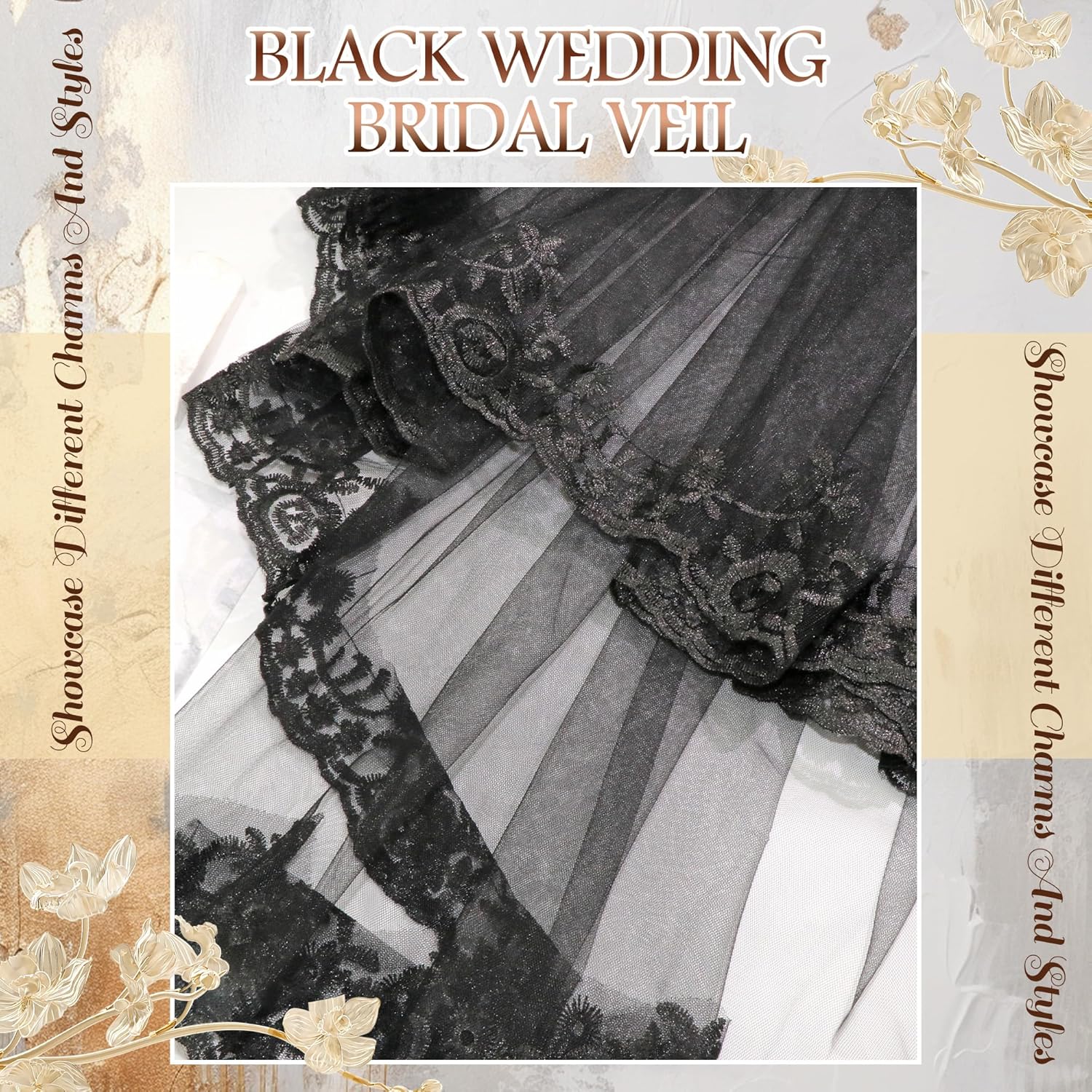 Black Lace Veil Embroidered Floral Edge Wedding Veil Two Tiers Gorgeous Halloween Gothic Veils Elegant Fingertip Length Veils for Brides Women - Image 5