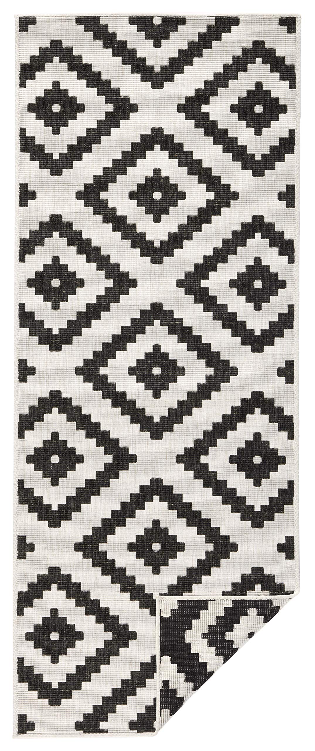 NORTHRUGS Tappeto reversibile Malta, resistente alle intemperie, moderno motivo geometrico, per balcone, terrazza, giardino d'inverno, soggiorno, impermeabile, in polipropilene, nero, crema, 80 x 250