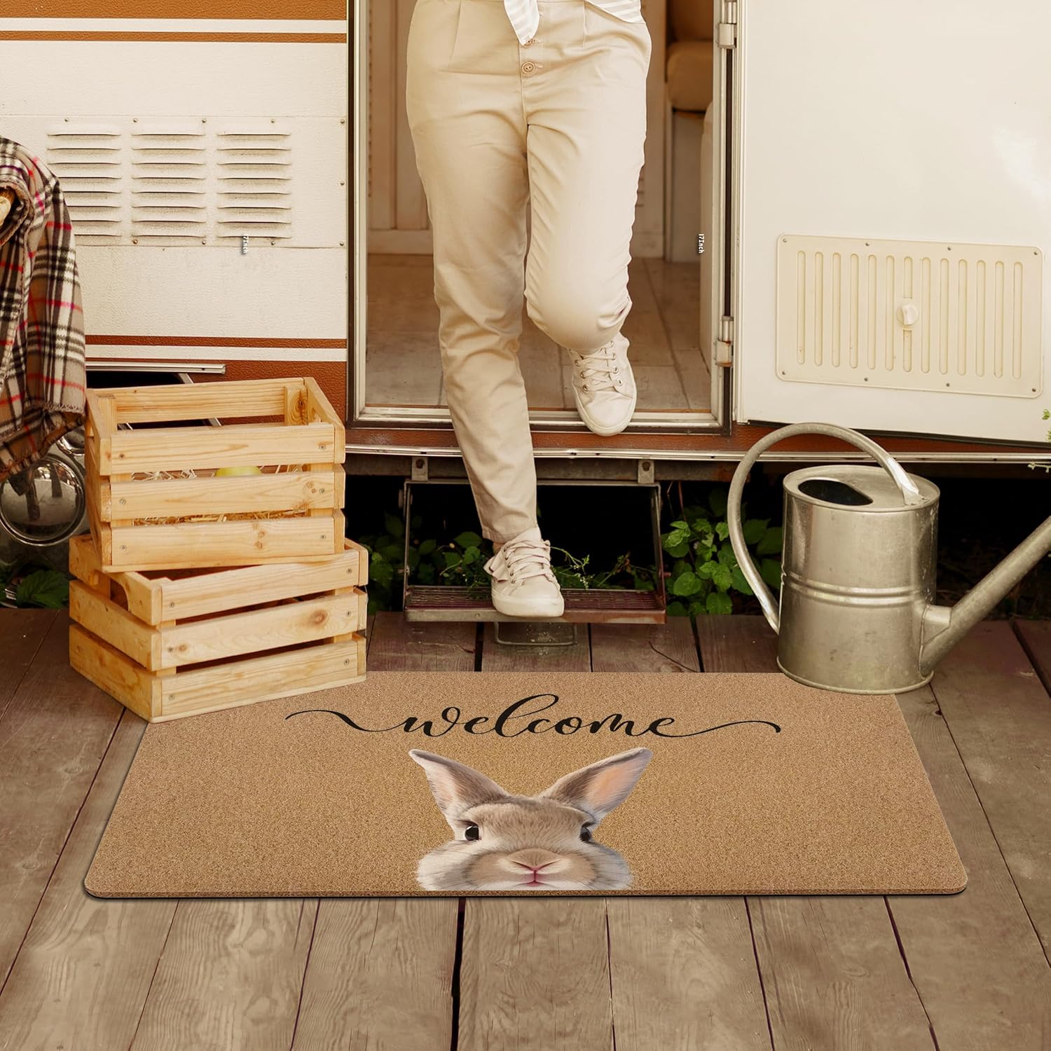 Easter Bunny Rabbit Door Mat, Easter Bunny Welcome Front Door Mat Outside Entrance, Farmhouse Rabbits Artificial Coir Doormat Rugs for Indoor Patio Porch Entryway Entry, 17x30 Inch