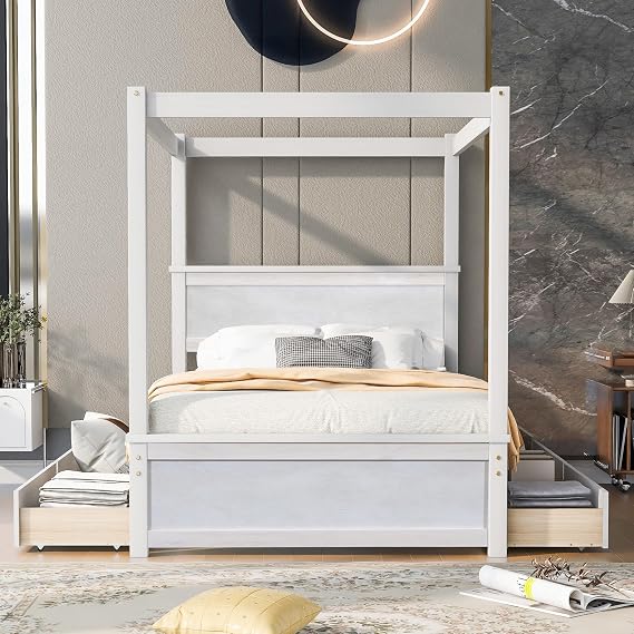 Full Size Platform Bed, Wood Canopy Bed with 4 Drawers, Full Size Canopy Platform Bed with Support Slats, Brushed White