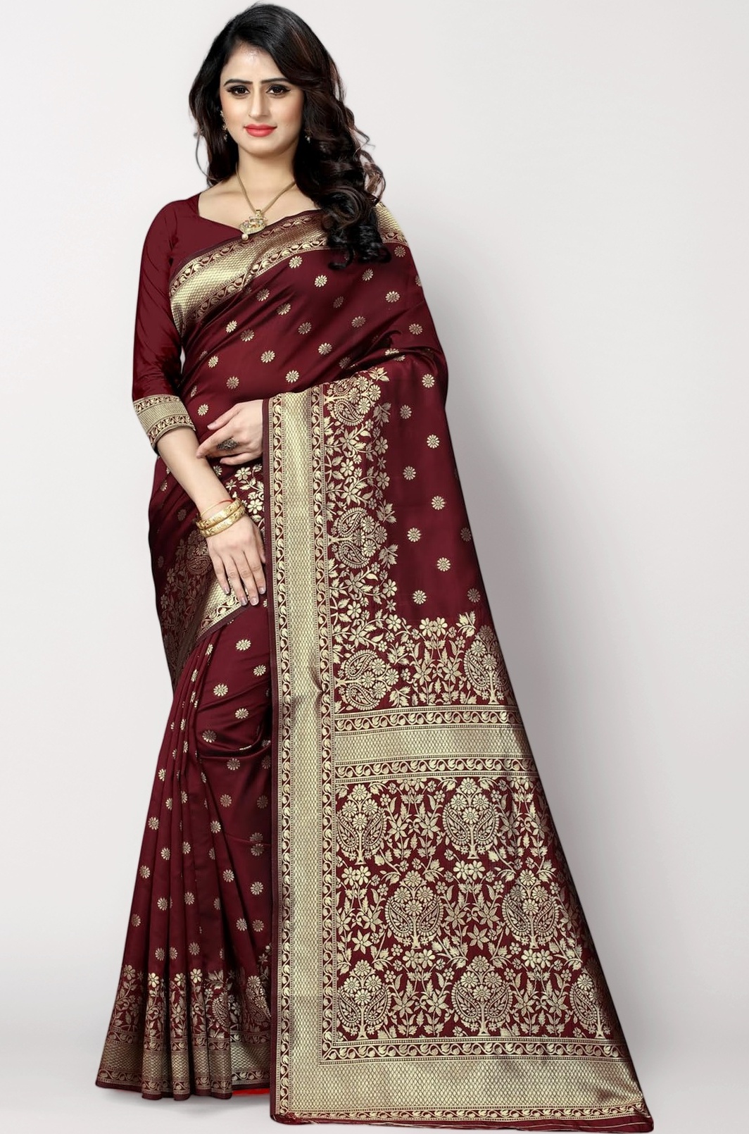 Women's Banarasi Saree Pure Kanjivaram Silk Saree Soft new ladies 2023 Design Wear Pattu Sarees Latest Cotton Party Sari collections With Blouse Piece for Wedding sadi (SAM PARI-100)