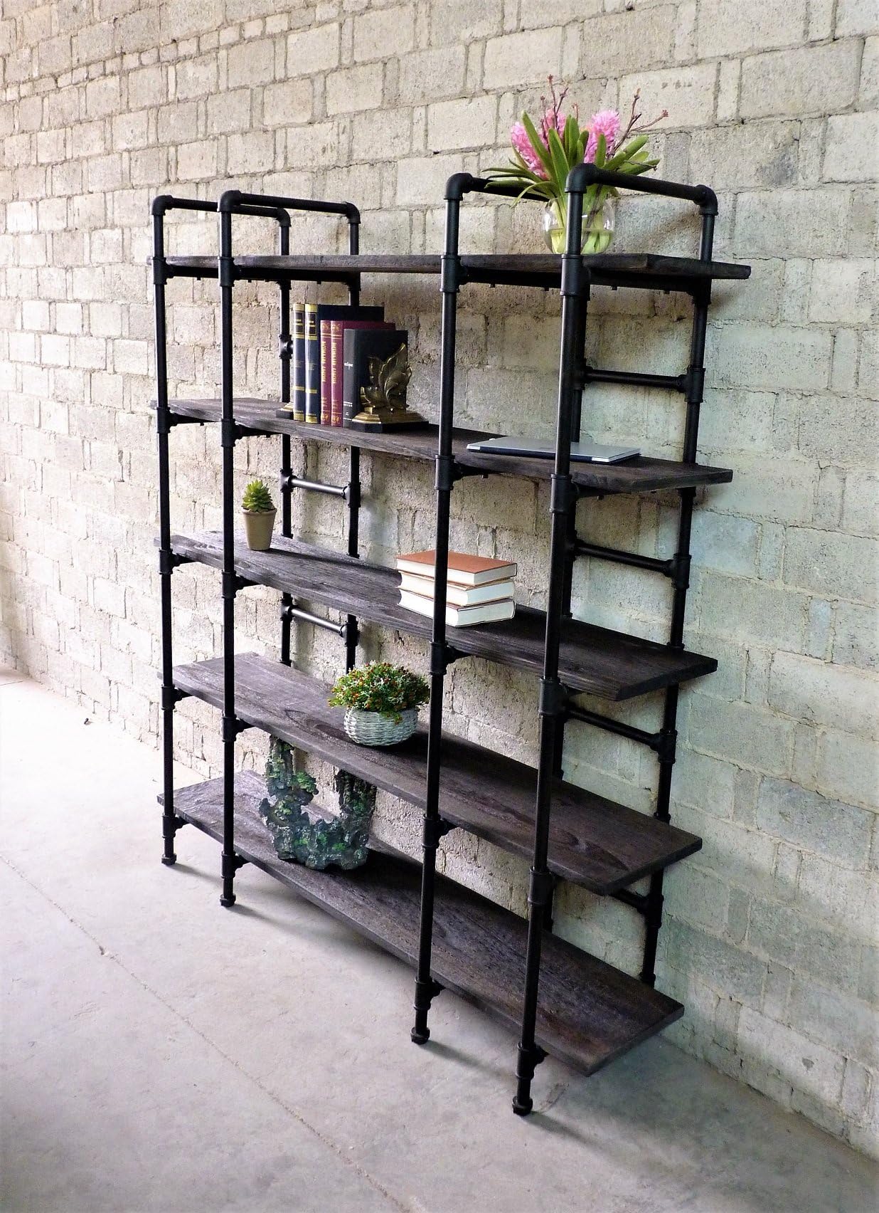 FURNITURE PIPELINE Modern Industrial Wide Large Open Etagere 6 Shelf Pipe Bookcase, Metal with Reclaimed Wood Finish, 64" W