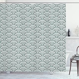 Ambesonne Teal Shower Curtain, Traditional Japanese Chinese Seigaiha Pattern Abstract Scales Inspirations, Cloth Fabric Bathroom Decor Set with Hooks, 69" W x 70" L, Jade Green White