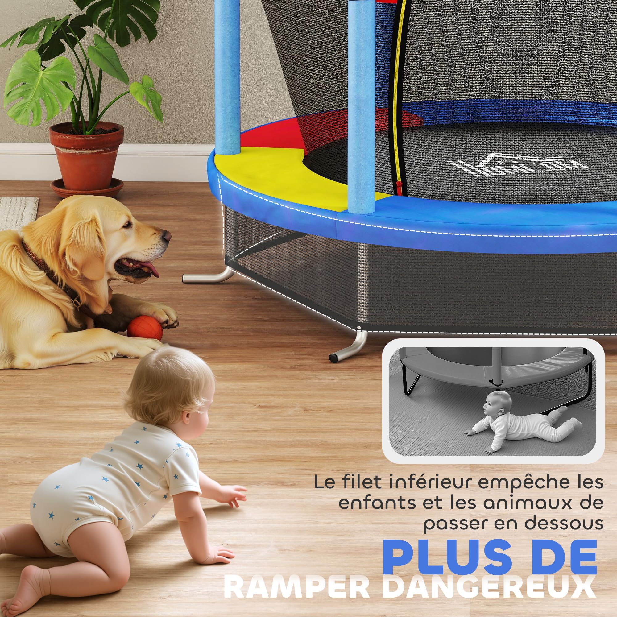 HOMCOM Trampoline pour Enfant Ø 1,40 m Filet de sécurité Porte zippée 6 poteaux rembourrés Inclus Charge Max. 45 kg