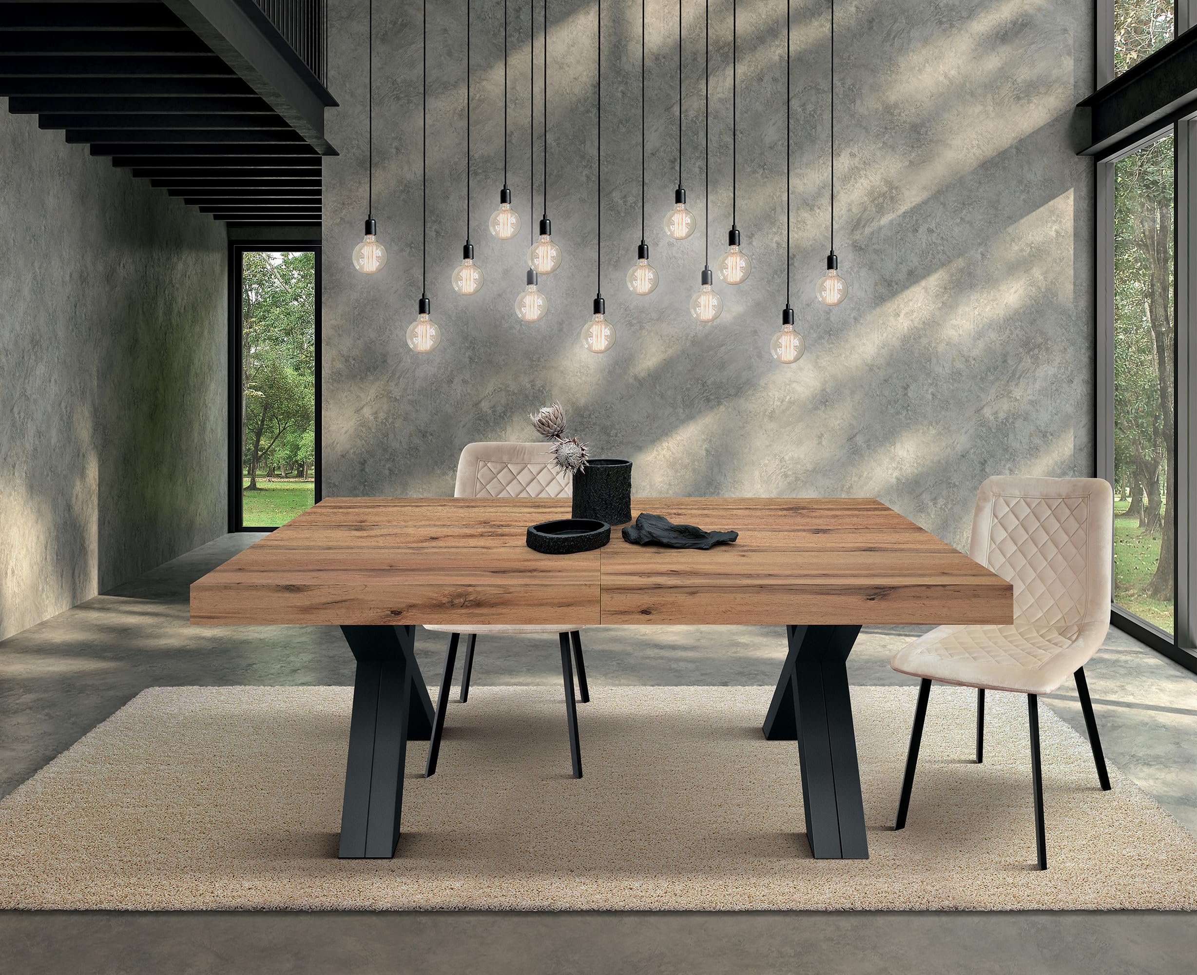 KONTE.DESIGN Tavolo GALLIPOLI in legno nobilitato effetto rovere rustico con gambe a X in legno antracite, allungabile 180x90 cm - 480x90 cm