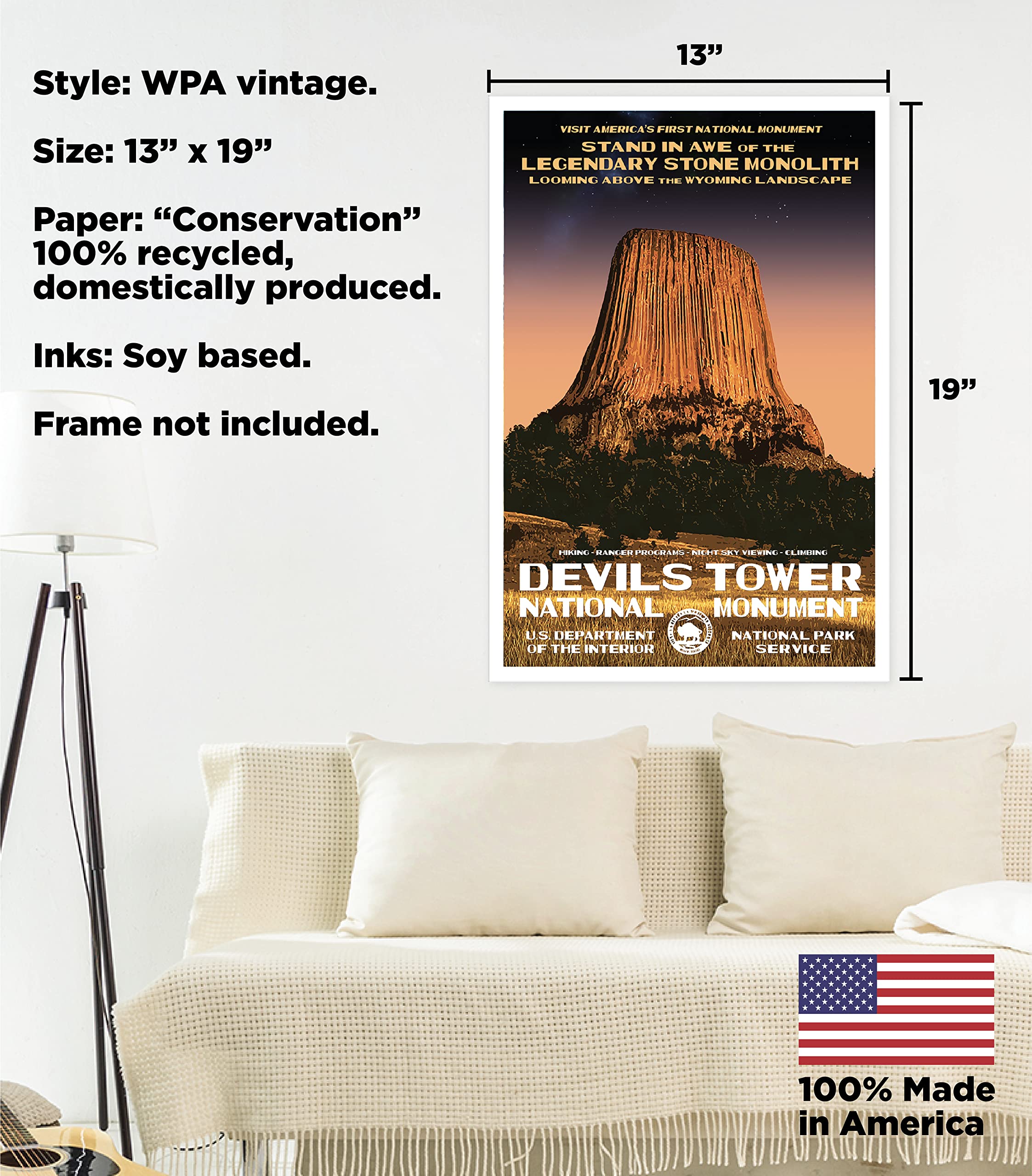 Amazon.com: 懷俄明州魔鬼塔國家紀念碑- WPA 風格國家公園海報- 13 x 19 英吋(約33.0 x 48.2 公分) -  家庭和辦公室的牆壁裝飾- 原創藝術品: 居家與廚房