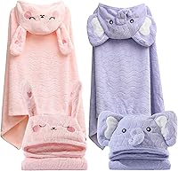 FOINEMYEDBEAUTY 2 Pack Hooded Toddler Bath Towels 55x27.5" Thick Super Absorbent Elephant Rabbit for Babies 1-5 Years Girls Boys