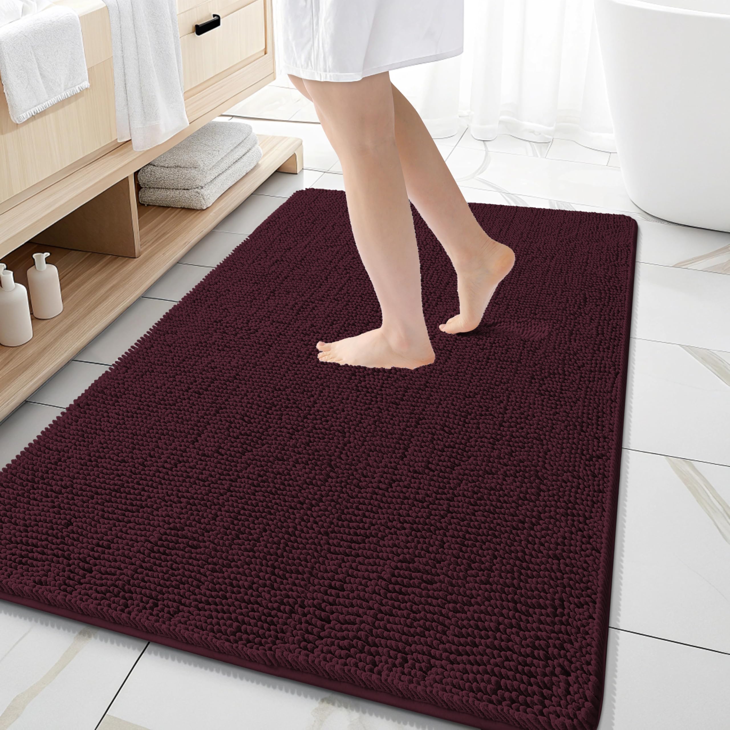 OLANLY Large Bathroom Rugs 59x35, Extra Soft Absorbent Chenille Bath Rugs | Black Cherry, Quick-Drying Rubber Backing, Washable Bath Mat for Bathroom Floor, Tub and Shower, Home Decor Accessories