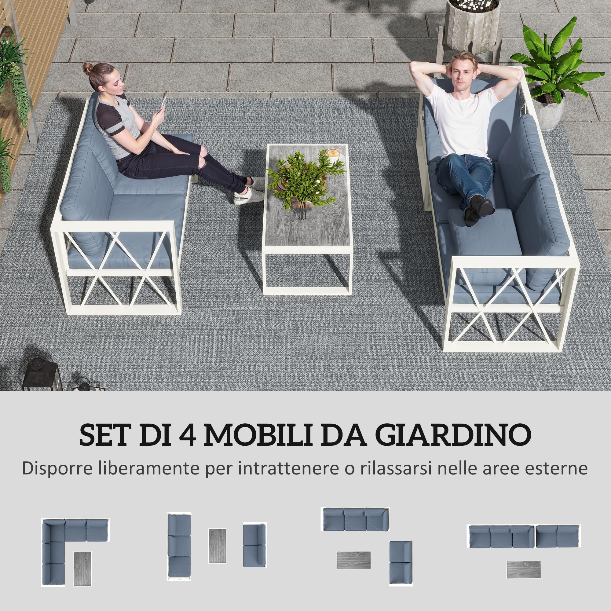 Outsunny Set di Mobili da Giardino 4 Pezzi, Salotto da Esterno Angolare con 2 Divano a 2 Posti, Poltrona Reclinabile a 5 Livelli, Tavolino da Caffè in DPC e Cuscini Lavabili, in Acciaio, Grigio