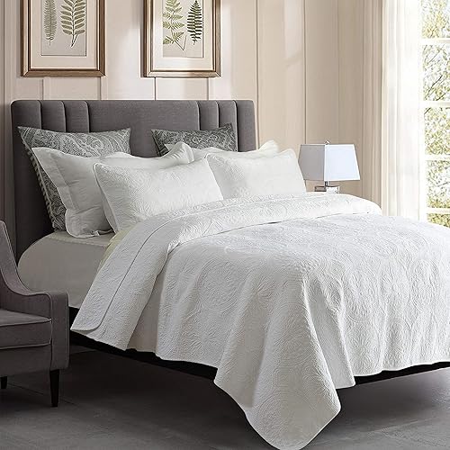 Miniatura 5 de Brandream Juego de edredón de 6 piezas, color blanco y beige, tamaño King, de algodón, de lujo, festoneado, tamaño Queen, juego de fundas de edredón