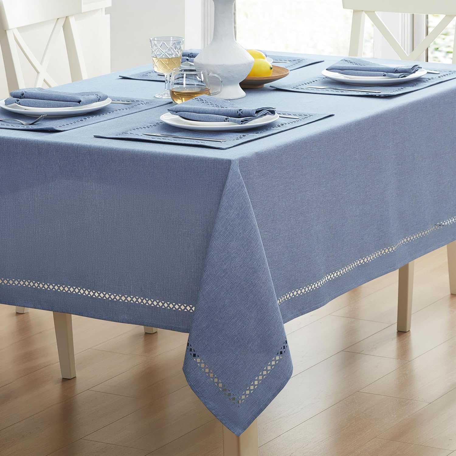Newbridge Fabric Rectangle Tablecloth, 60 x 120 Inch, Provence Lattice Cutwork Solid Color Textured, Water and Stain Resistant Easy Care Table Cloth for Parties, Wedgewood Blue