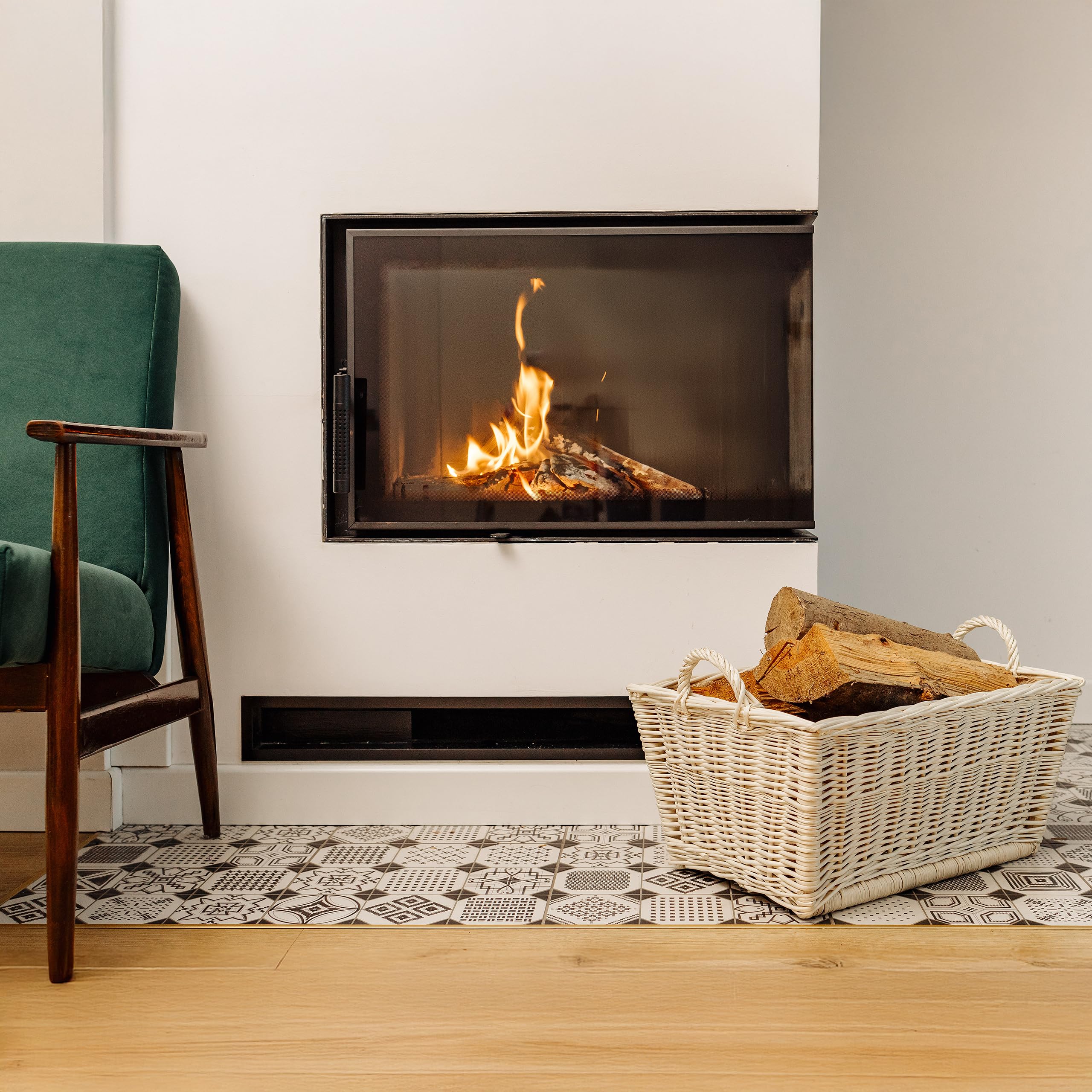 Creative Home Cesta de Mimbre Blanca para Almacenar Leña 47x33x30cm | Tela de Yute | Asas | Rectangular Grande | Tejida a Mano Duradera Interior | Sauce Grueso Natural | Multiuso