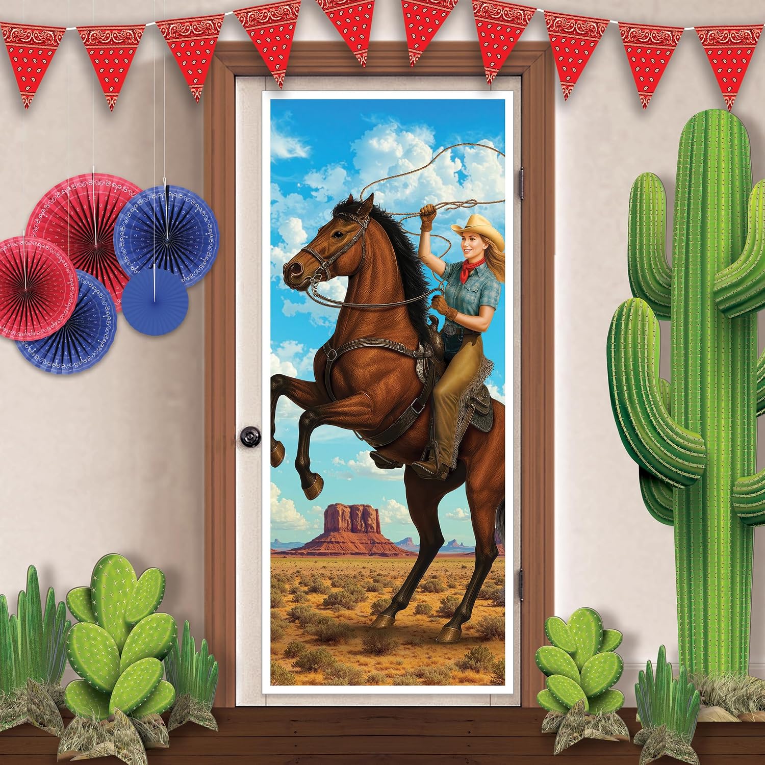 Beistle Cowgirl Door Covers – 2 Pack, All-Weather Thin Plastic Western Horseback Scene Panels, Rodeo & Country Theme Entrance Décor for Saloon Parties, Photo Backdrops & Halloween Displays, 6' x 30"