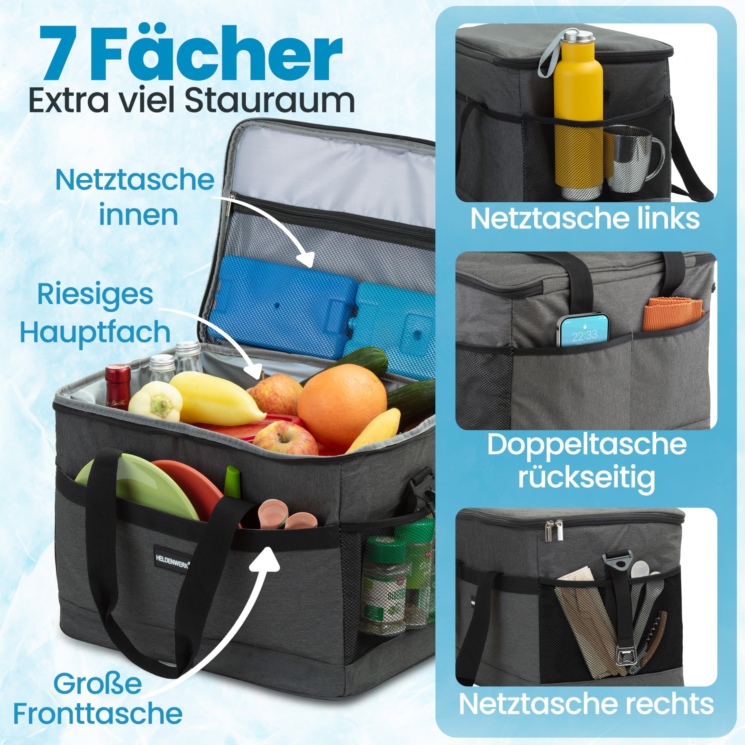Heldenwerk Borsa termica pieghevole di grandi dimensioni – con capacità raffreddamento fino a 12 ore prova perdite e impermeabile da picnic per