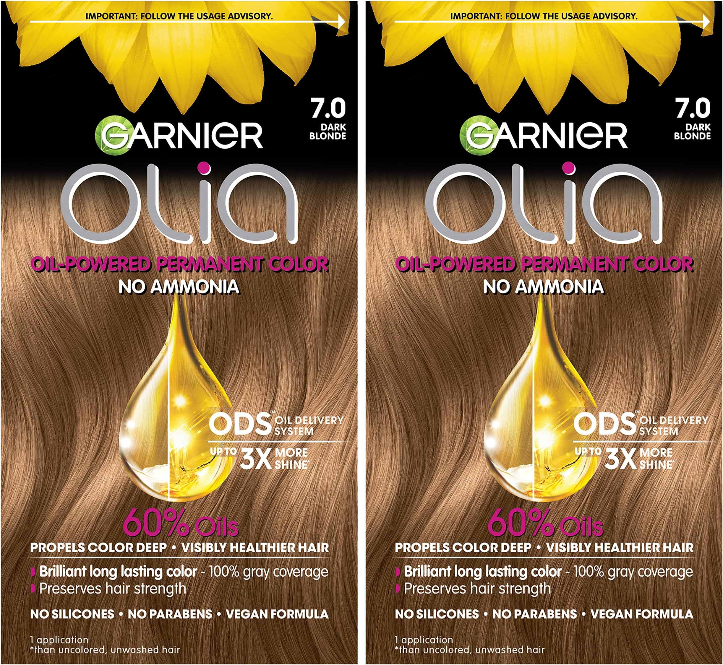 Olia Hair Color, Ammonia-Free Permanent Hair Dye, Oil-Powered Formula for 100% Gray Coverage and 3x Shinier Hair, Vegan & Cruelty Free, 7.0 Dark Blonde, 2 Count